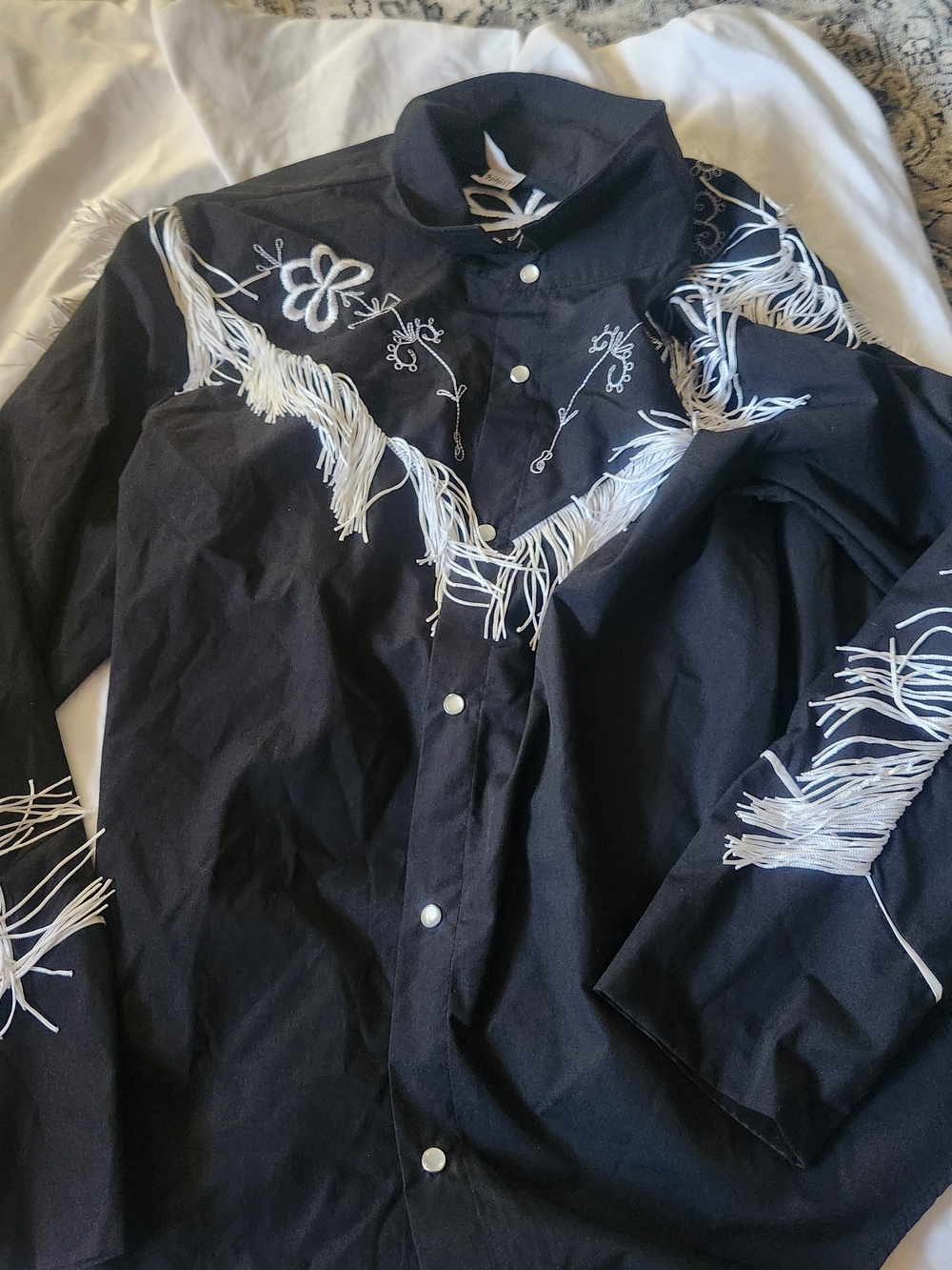 Western-Style Black Shirt with White Fringe and Embroidery Shirt Only Lg